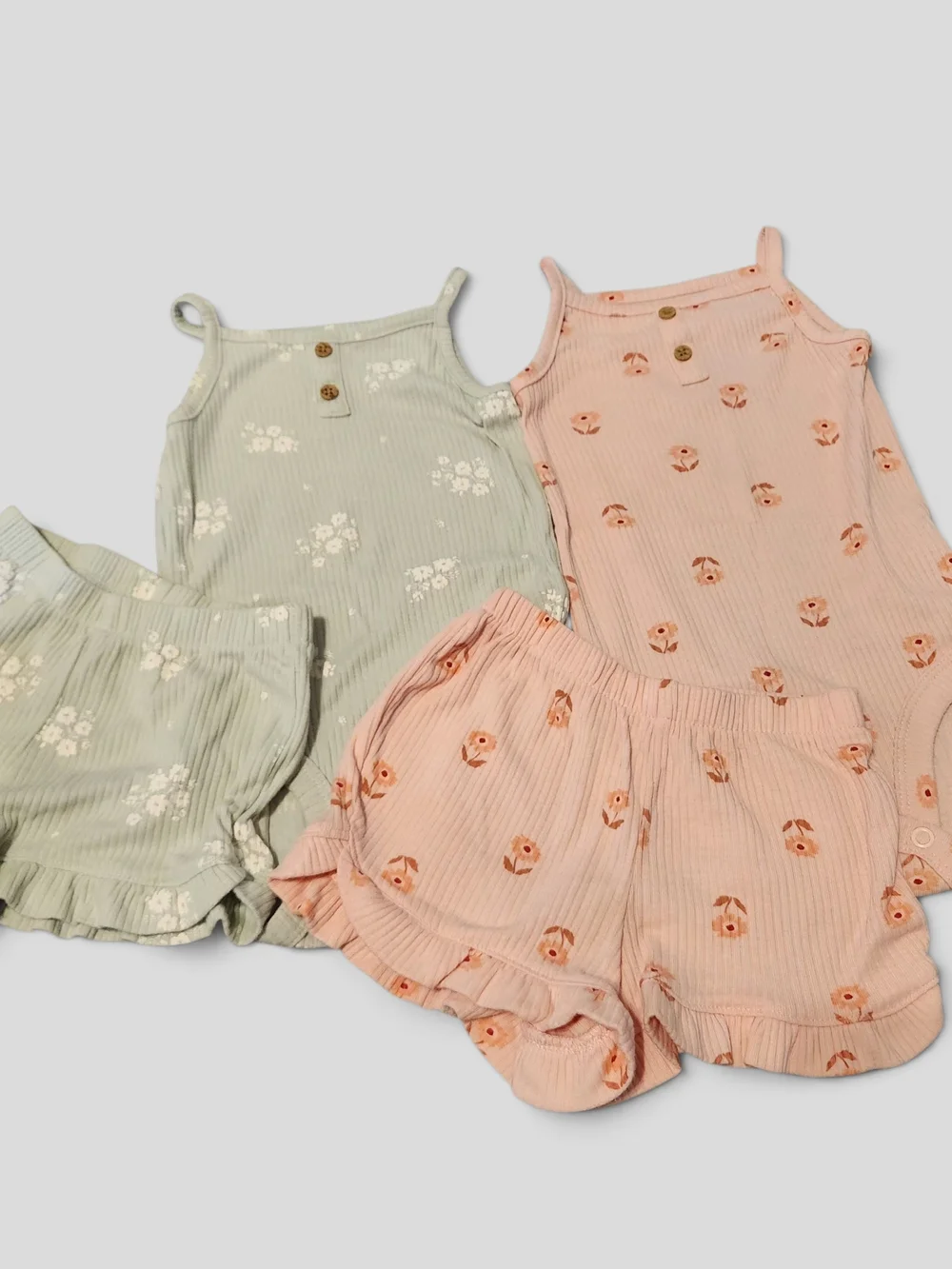 Carter's Floral Ribbed Tank & Ruffle Short Set - Pink & Sage